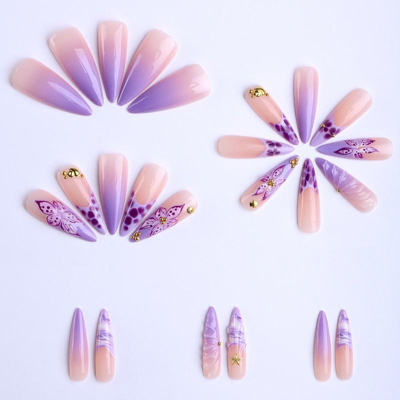 Long 3D Gel Nail Tips With Hand-Painted Purple Floral French Design Women