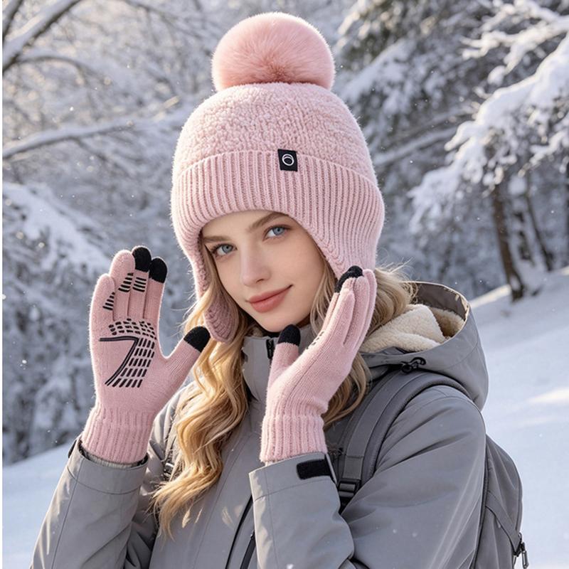 Winter Knit Pom Pom Beanie and Touch Screen Gloves Set for Women Warm Ear Flap Hat 2 Piece