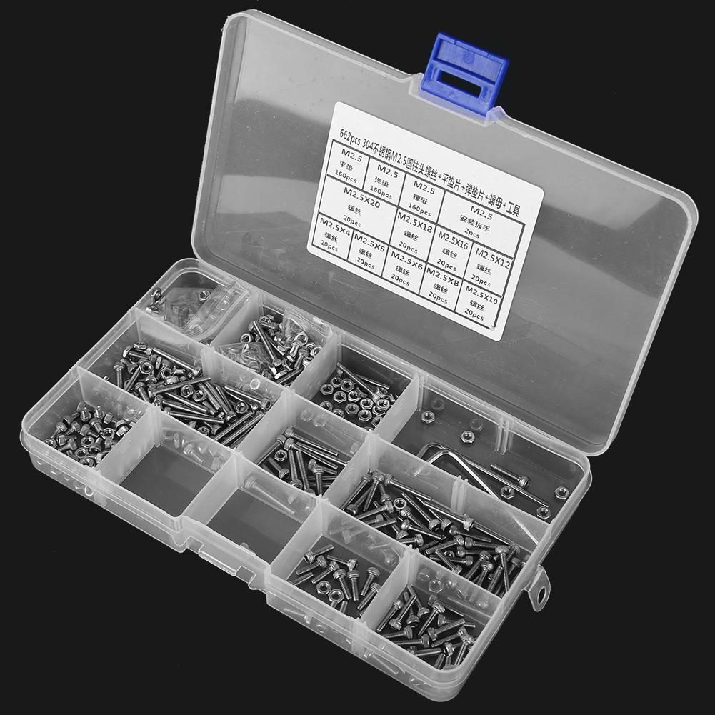 662 Pcs Screw  M2.5 Socket Cap Head Screw+Flat Washer+Spring Washer+Nut Tool Set