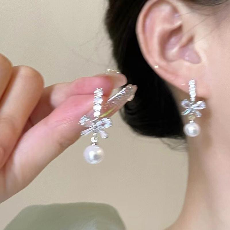 1 pár Vynikající visací náušnice s mašličkou a perlou pro ženy dívky Sladké puzetové náušnice Svatba Párty Šperky Doplňky Dárky