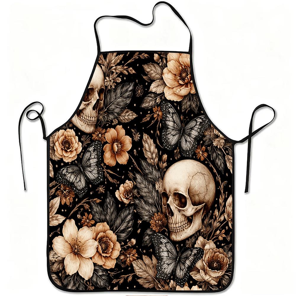 1pc Skull Butterfly Floral Vintage Print Apron, Durable And Easy To Clean, Adjustable Waistband, Polyester Material, for Kitchen Cooking, Gardening, O