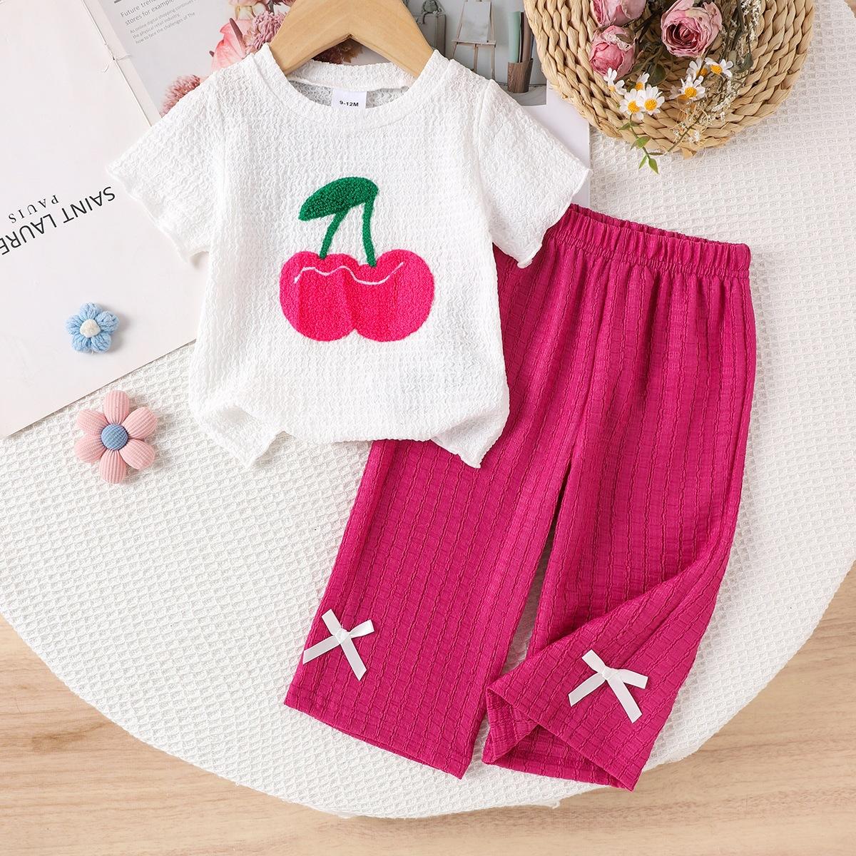 

Girls Fashionable Outfit - Summer Children s Casual Cherry Short-sleeved T-shirt + Rose-red Wide-leg Pants Set 6-9m