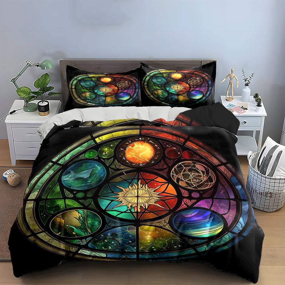 Colorful Stained Glass Decoration Set Soft Comfortable Duvet Cover Bedding Set Included 1*Duvet Cover & 2*Pillowcases, Gift