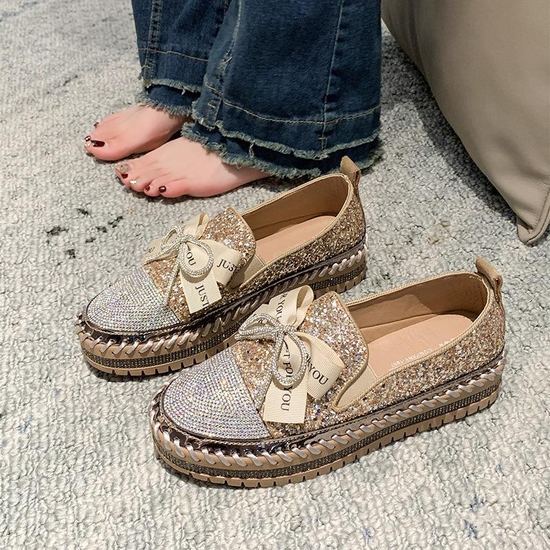 Flat-bottomed Muffin Single Shoes Women's Spring and Autumn New Fashion Thick-soled Rhinestone Bow One Pedal