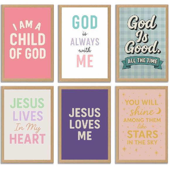 6Pcs Christian Themed Wall Art Boys Room Pictures Wall Decor Kids Bible Verse Posters Prints Artwork for Living Room Bedroom Nursery Home Decoration