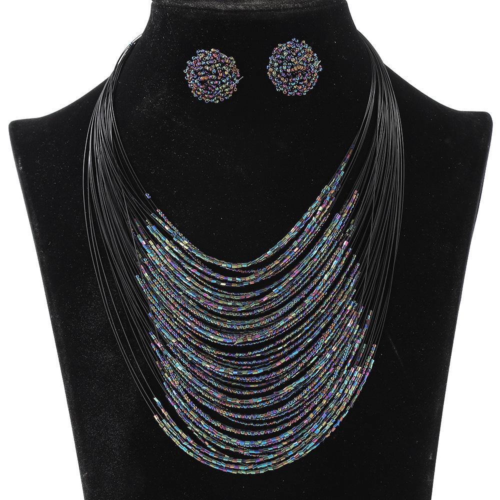 Bohemian Multi-Layer Rice Bead Necklace Earrings Set Retro Ethnic Style Sweater Chain Women'S Multi-Layer Jewelry
