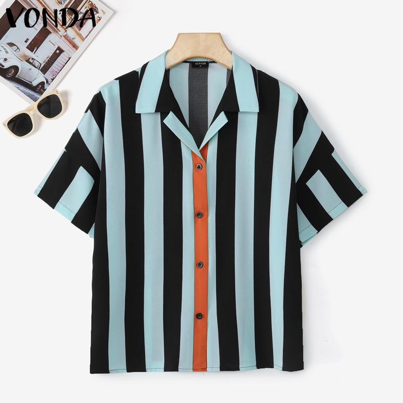 

VONDA Летняя женская блузка с коротким рукавом, в полоску, пэчворк, на пуговицах, повседневная 5XL синий