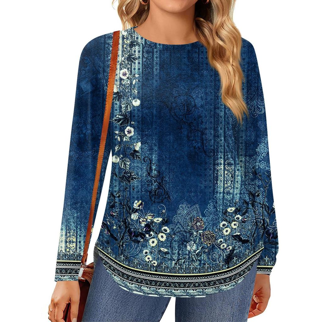 Womens Plus Size Tops Long Sleeve Shirts Round Neck Flowy Tunic Casual Loose Blouse L-5X