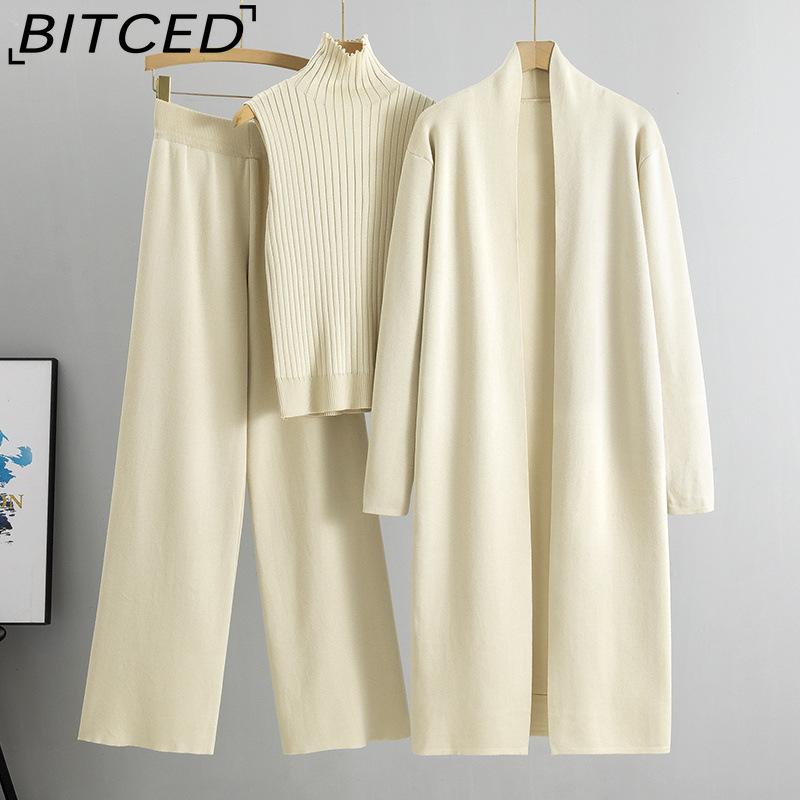 BITCED Spring and Autumn Laid-back Style Knitted Set, Sleeveless Vest, Sweater, Cardigan and Trousers, Three-piece Set
