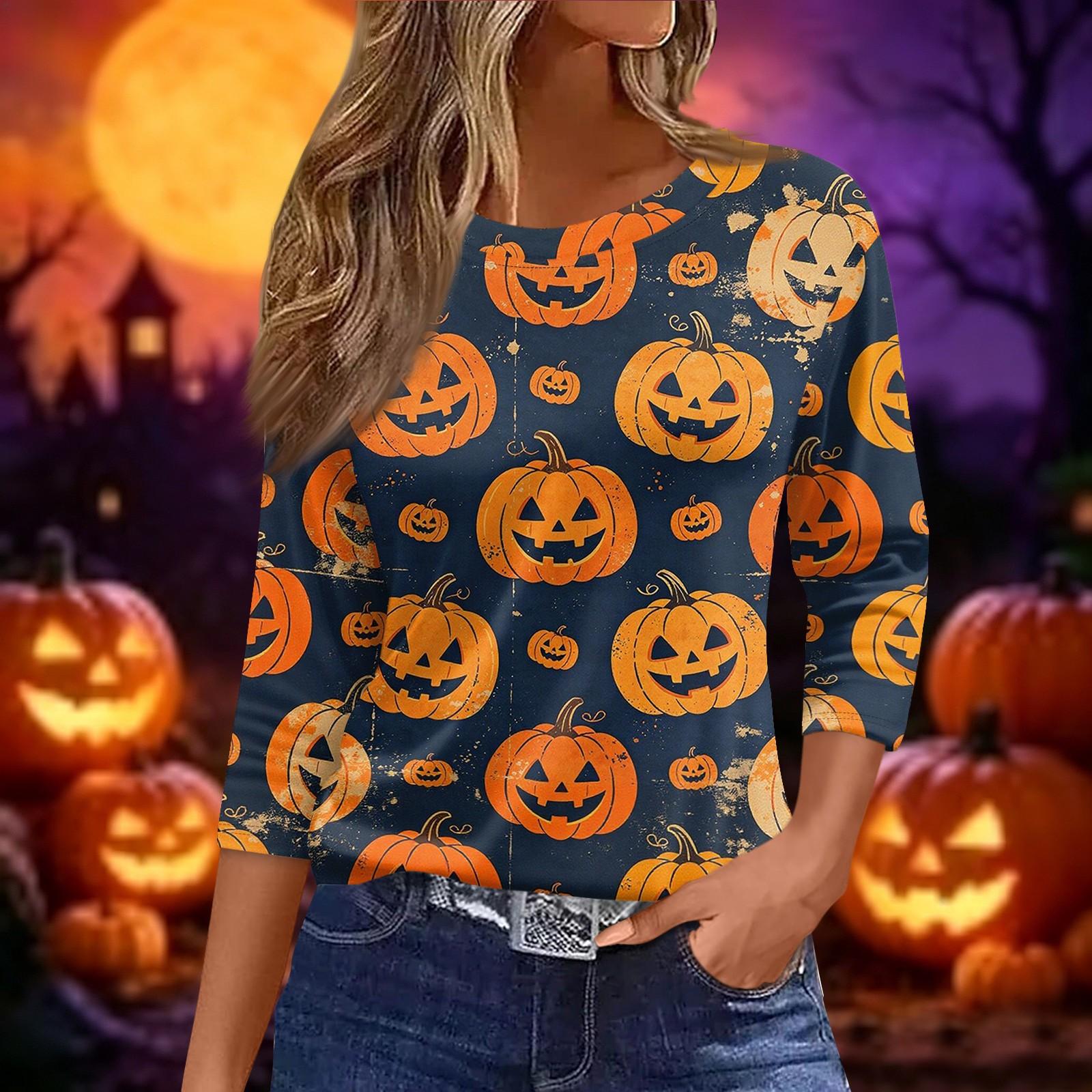 Women s Halloween Printed T-Shirt, Three-Quarter Sleeve Round Neck Loose Fit Casual Tee S