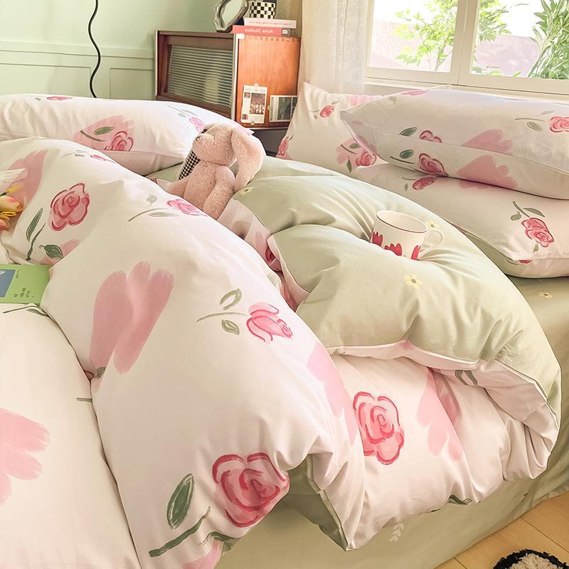 Set din patru piese din bumbac, pat din bumbac pur, husă de pilota, cearșaf de pat, set din trei piese pentru dormitor, lenjerie de pat