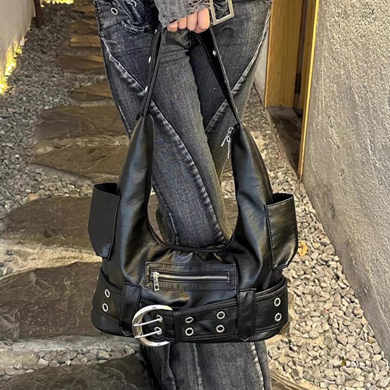 Retro Luxury Belt Buckle Shoulder Bag, Y2k Hot Girl Motorcycle Bag, Fashion Rivet Large Capacity Handbag Crossbody Dumpling Bag