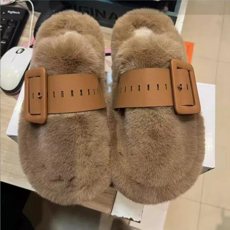 Women's Fur Slippers Autumn and Winter New Style with Plush Thick Bottom Cotton Slippers, Fashionable and Warm Cotton Slippers
