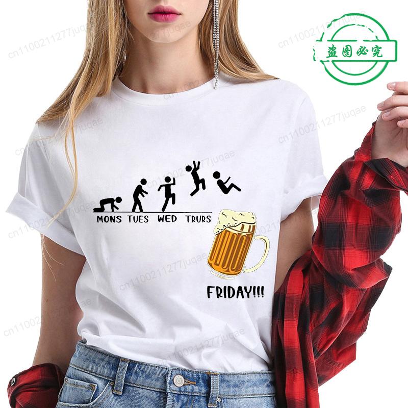 Women T Shirt Monday To Friday Drink Beer Funny Sports Fashion Casual T-shirt Skeleton FRIDAY Beer Graphic Tshirts Women Clothes