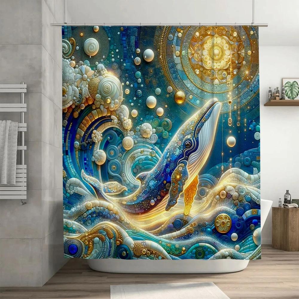 Fancy Blue Whale Shower Curtain Decorative Pattern Print Bathroom Liner for Home Decoration (Blue Gold)