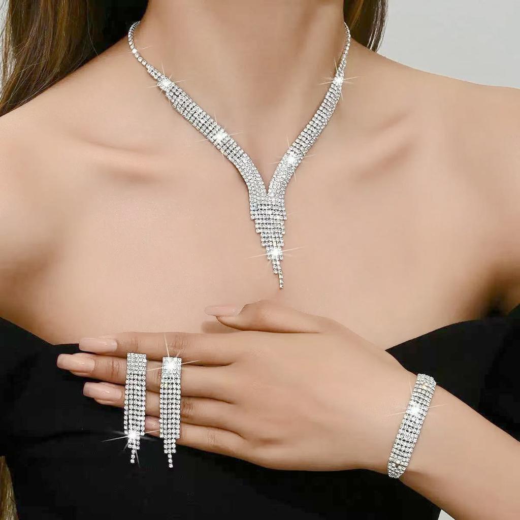 Fashion Rhinestone 3 - Piece Set Necklace Earrings Bracelet Cubic Zirconia Fringe Jewelry Set for Women