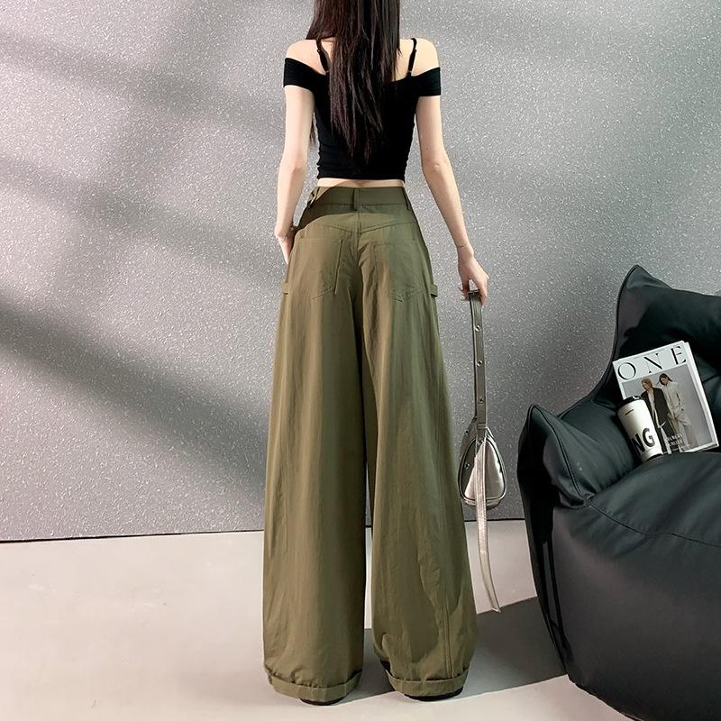 Women's Loose Wide Leg Cargo Pants Non Stretch Soft Thin Cotton American Retro Barrel Multi Pocket Wrinkle Resistant Two Length Casual Trousers