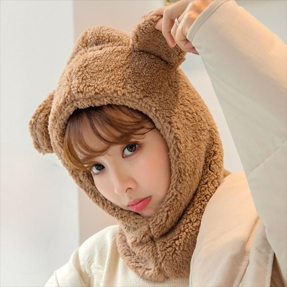 Windproof Bear Ear Hat Scarf Cute Plush Hat Scarf Fashion Winter Warm Hedging Cap Women