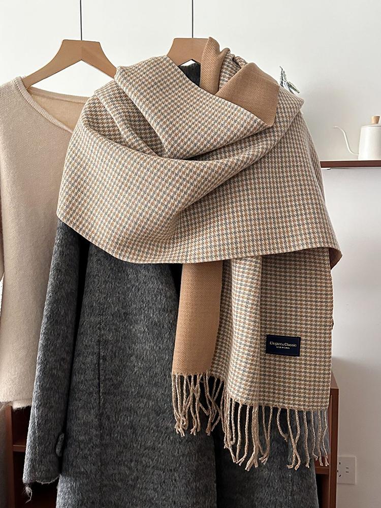 Women'S Imitation Cashmere Retro Houndstooth Knit Scarf Headscarf Casual Tassel Scarve Ladies Mujer Wrap Shawl Winter New Korean