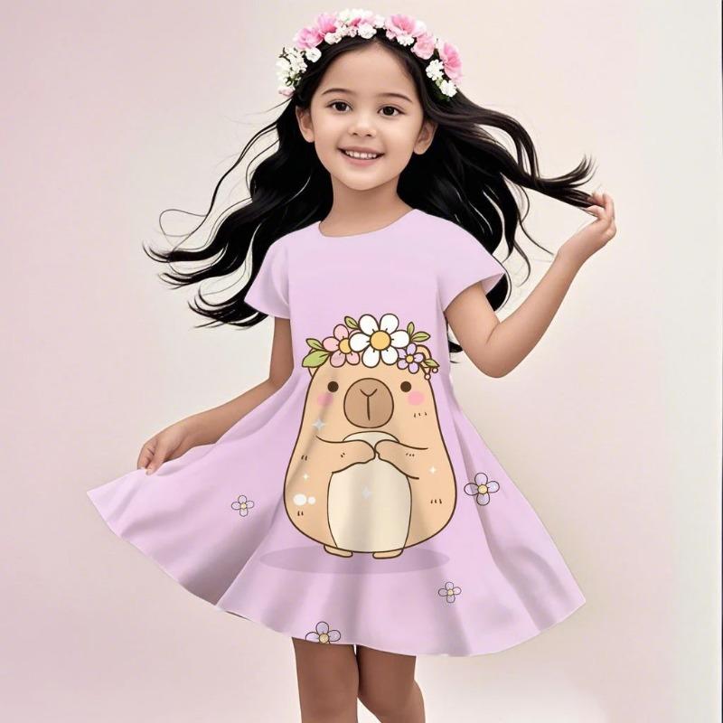 2026 Cute Sunshine Capybaras Summer Round Neck Children Dress Cute Girl Short Sleeve Doll Dress Birthday Gift Princess Dress
