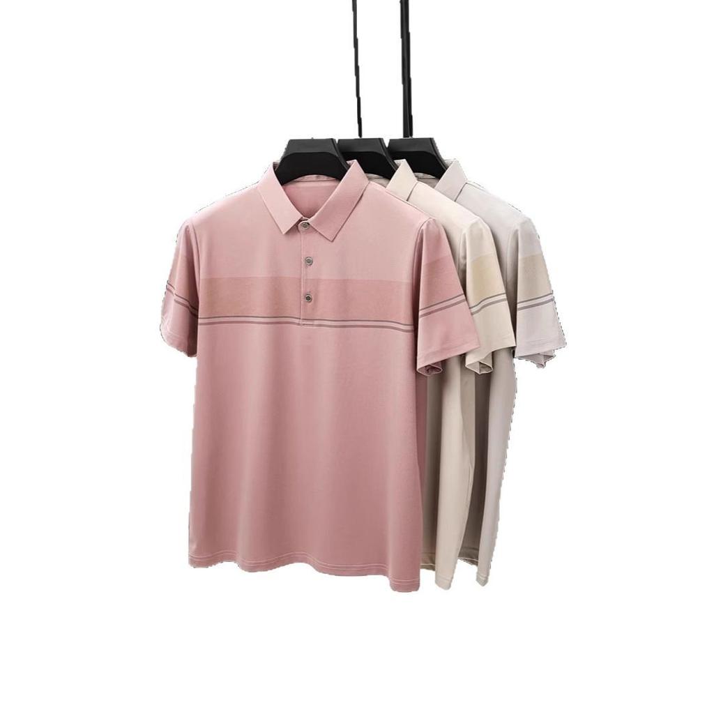 Ice Silk Short Sleeved T-shirt for Men In Summer Thin Fashionable Breathable Striped and Collared Polo Shirt
