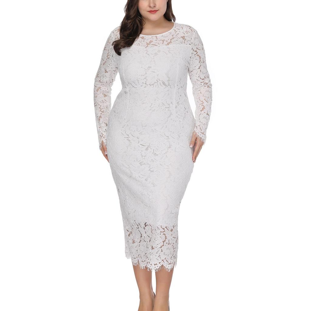 Women's Sexy Large Solid Lace Round Neck Evening Dress High Quality Dress