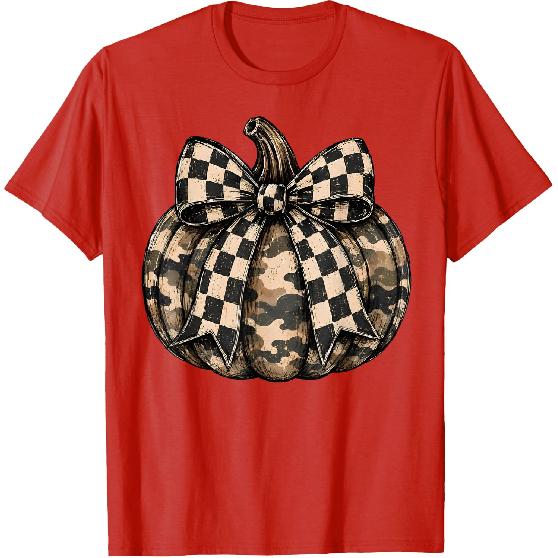 Camo Pumpkin with Checkered Bow Cute Fall Halloween Season T-Shirt