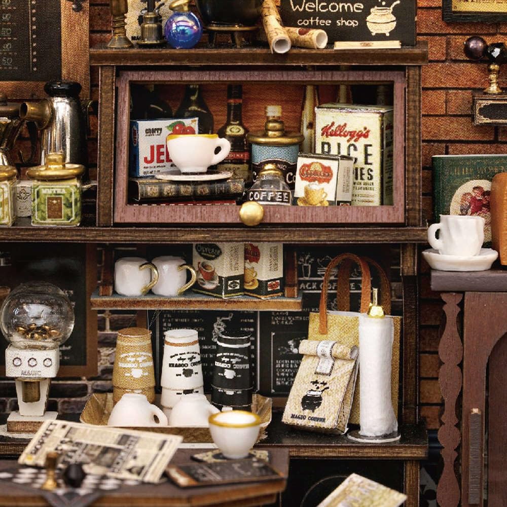 moin moin Dollhouse Scale Miniature DIY Kit Set with Magic Coffee Realistic Retro Antique Style LED Light Acrylic Case 1/24 Open-Front Coffee, Cafe,