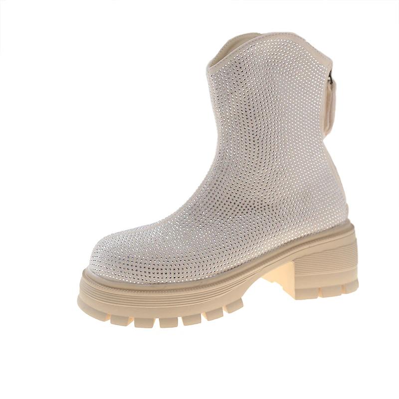 Fashion Flats Thick Women Ankle Boots Crystal Bright Diamond Women Fashion Designer Winter New 2025 Trend Luxury Party Punk Modern Boots