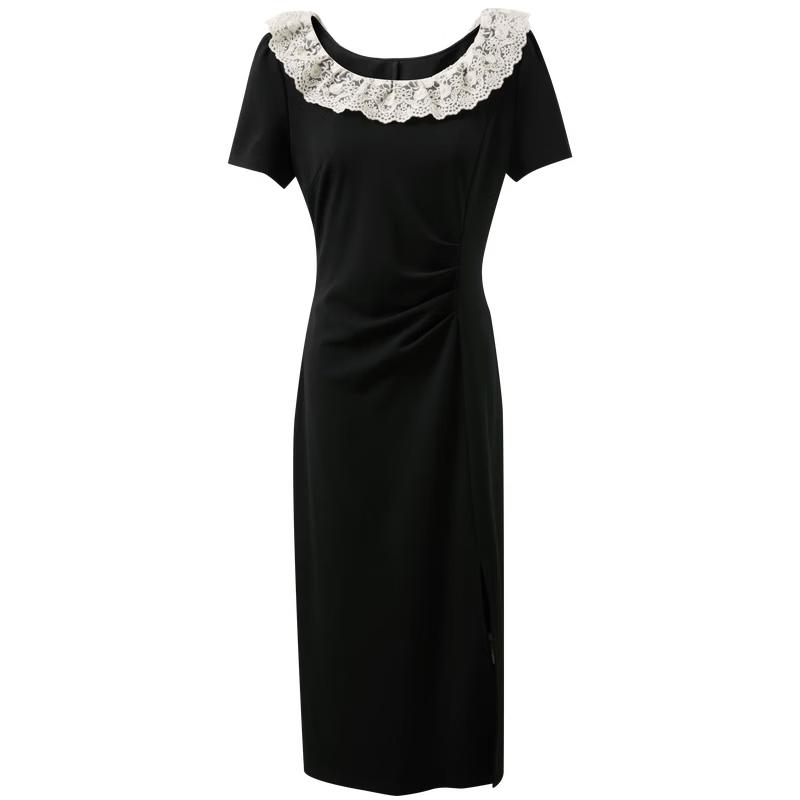 Sancai Women s French Style Lace Round Neck A-Line Midi Black Dress L 165/88A