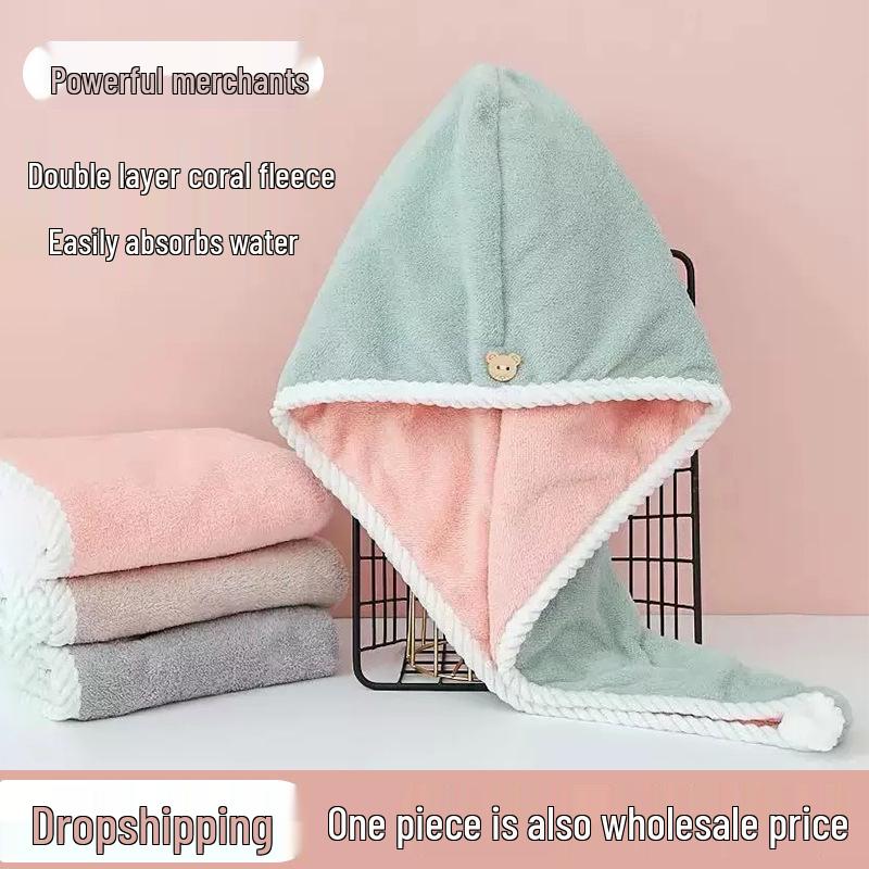 Double-Layer Coral Fleece Quick-Dry Hair Towel Cap for Women