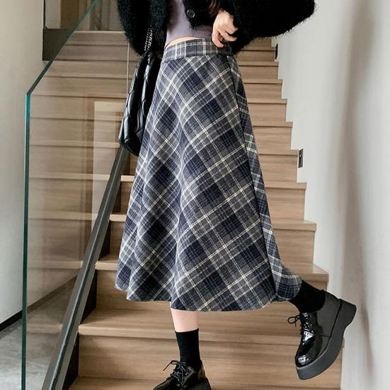 Dámská midi sukně s vysokým pasem áčkového střihu vlněná sukně kostkovaný vzor zeštíhlující sukně do půli lýtek denní domácí streetové oblečení