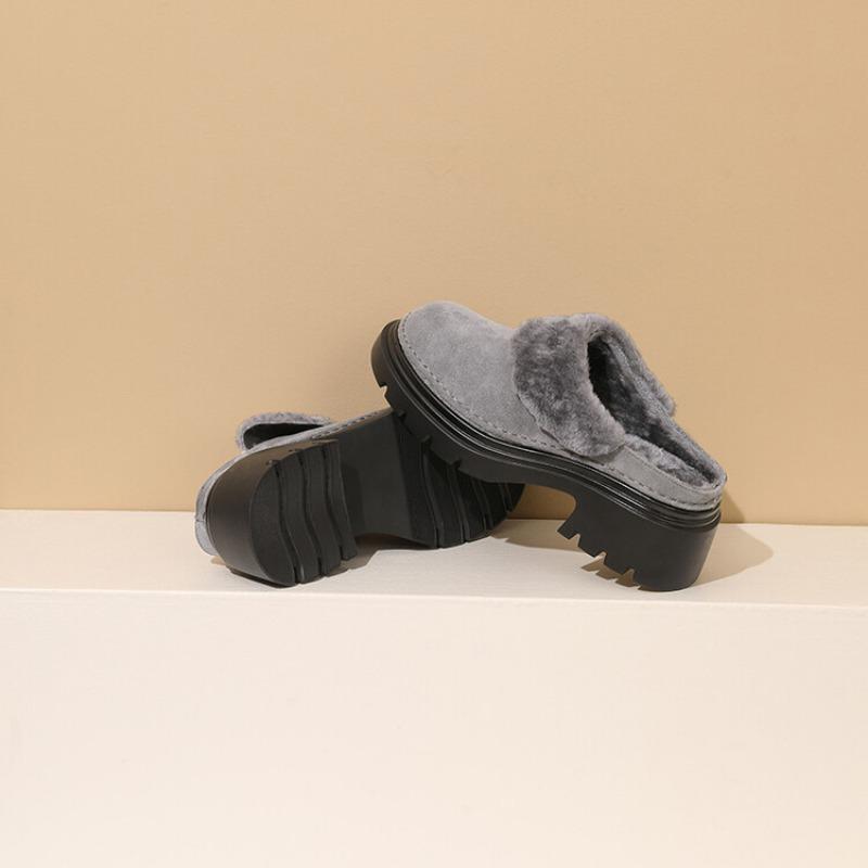 Fashion Autumn Winter Punk Style Warm Plush Slippers New Waterproof Platform 5cm Thick Heel Black Gray Outdoor Women's Shoes Size 34-43
