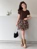 2026 Girls' Leopard Print Two-Piece Set: Short-Sleeved Top & Pleated Skirt