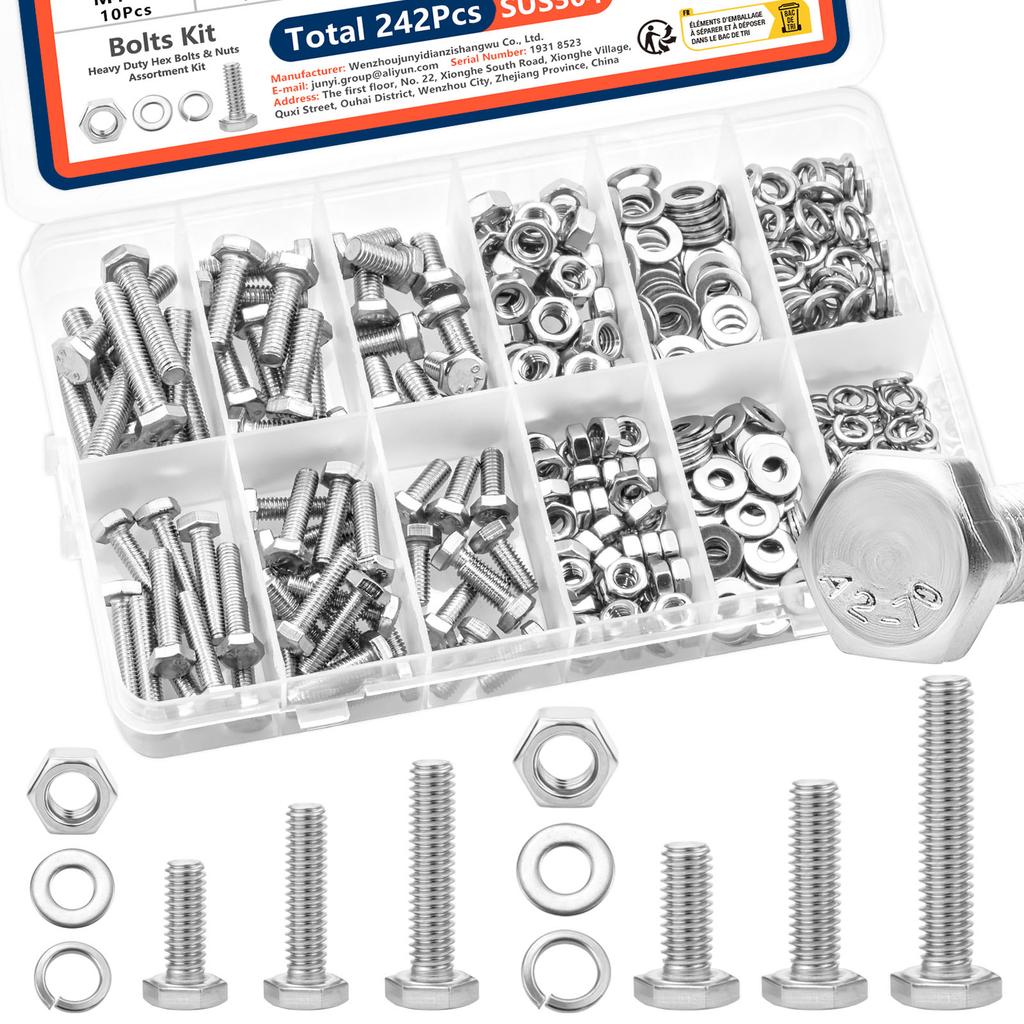 242pcs Stainless Steel Hex Head Nuts and Bolts Assortment Kit M4 M5 Sizes with Flat & Spring Lock Washers In Storage Case