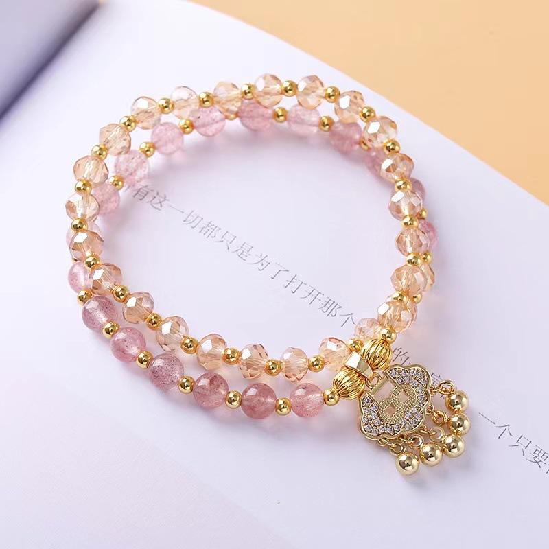 

Natural strawberry crystal bracelet multi-layer crystal safety lock pendant Bangles Women Fashion Jewelry accessories Gift