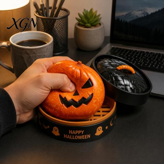 Portable Decompression Tool 1/5/6Pcs Halloween Dumpling Squeezing Toy with Steamer, Pumpkin Ghost Eyeball Skeleton Bun Stress Relief for Kids Adults,