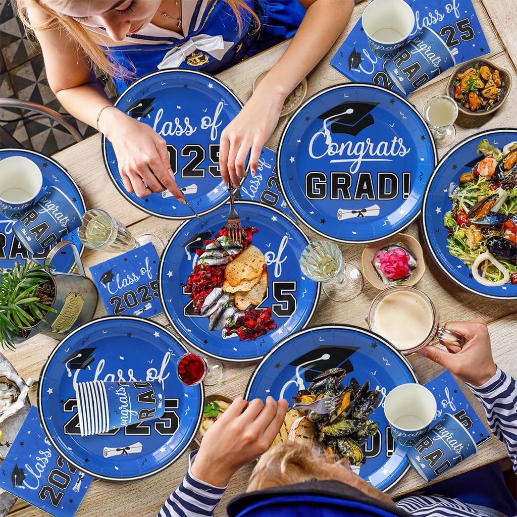 Blue Black Graduation Party Disposable Tableware Set Plate Cup Congrats Grad Class of 2025 Party Decor Graduation Party Supplies