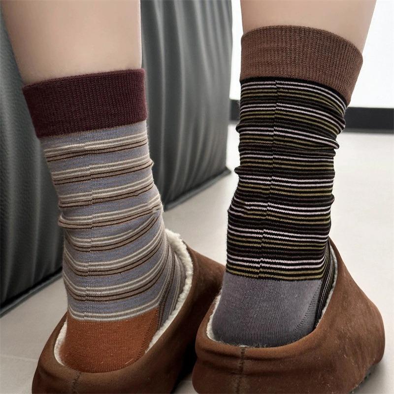 Color-blocking Striped Socks, Women's Mid-calf Socks, Trendy Pile Socks, Artistic and Retro Pure Cotton Long Socks