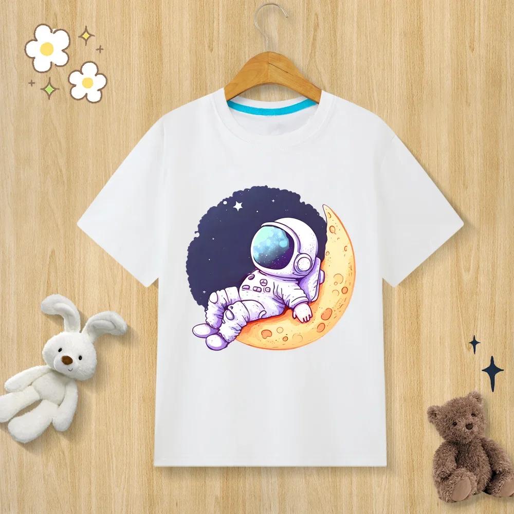 Children's astronaut printed T-shirt, O-neck short sleeved children's clothing, unisex sizes available