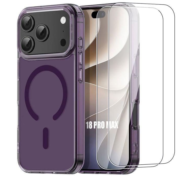 Coque + 2 Verres Trempés pour iPhone 18 Pro Max, Rigide avec Cercle Magnétique - Translucide Violet