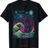 Alien Cat Great Wave UFO Starry Night Cosmic Art T Shirt for Dad Mom Daug Vintage Washed Streetwear Casual Designer Clothes