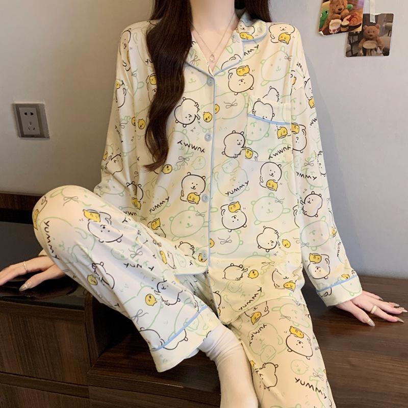 Imitation cotton ins style bow pajamas women's spring new fashion lazy long-sleeved loungewear two-piece set