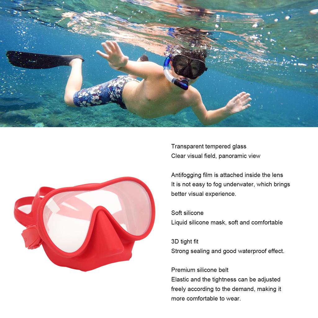 Scuba Diving Goggles Anti Fog Tempered Glass Snorkeling Dive Mask with Silicone Strap Foldable Panoramic View Swim Goggles Red