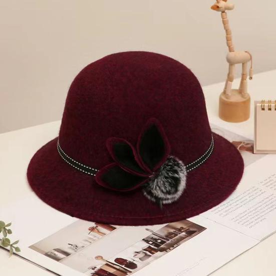 Lady Hat Elegant Wide Brim Keep Warm Solid Color Winter Autumn Ladies Dome Hat with Flower for Daily Wear