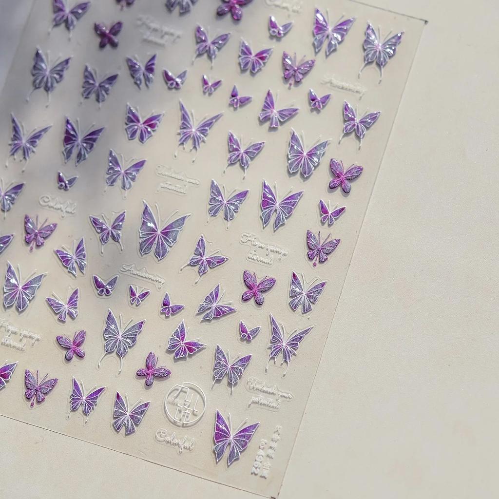 Vigorous Pink Butterfly Gradient Petal Flower Shiny Stars 5D Soft Self Adhesive Nail Art Decoration Sticker Manicure Decal DIY