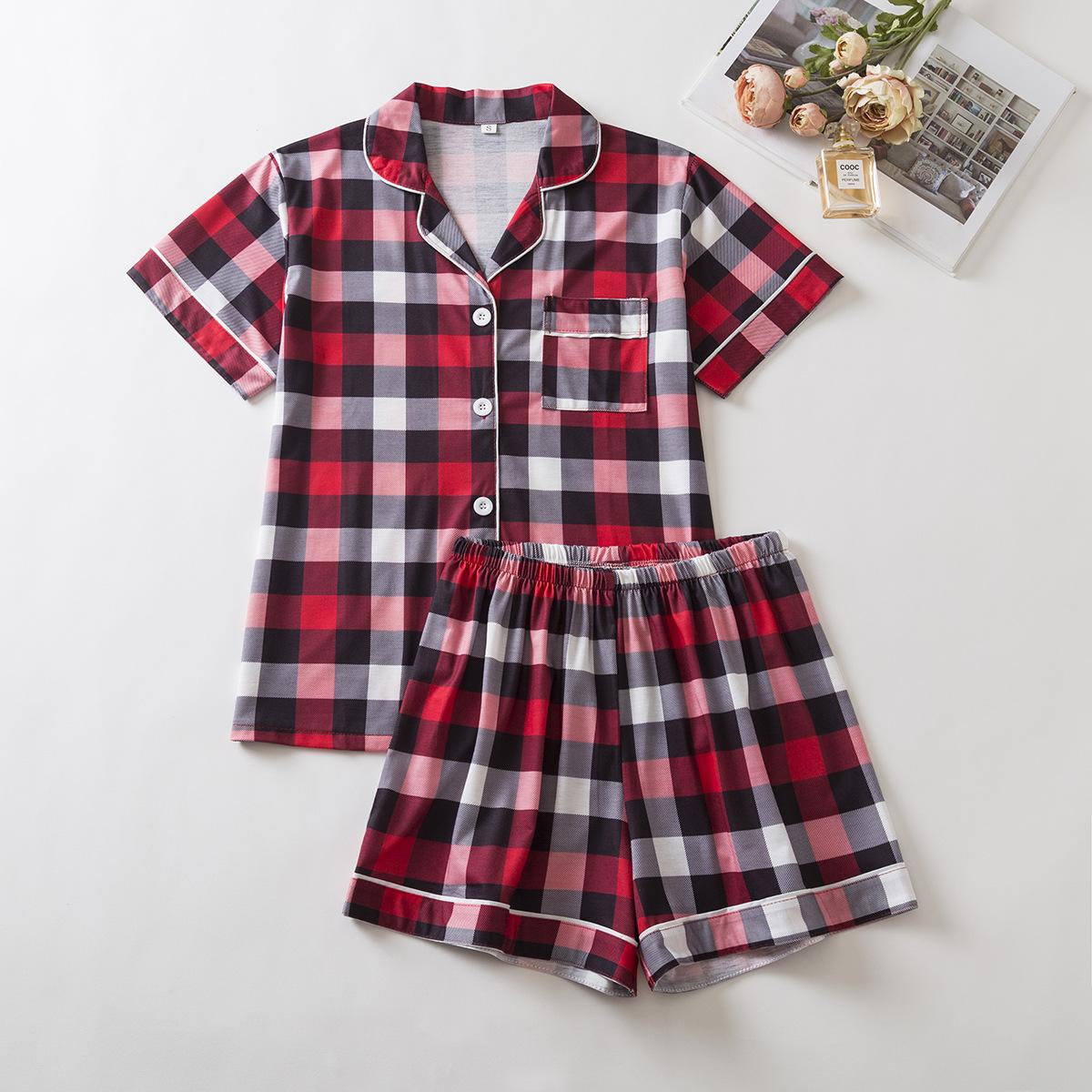 

YYFS Женская Мода Повседневный Летний Весенний Клетчатый Принт Короткий Рукав Воротник-Поло Брюки Костюмы S