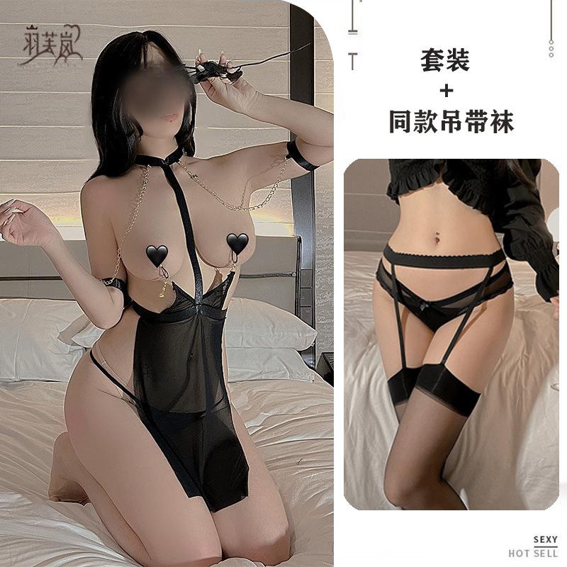 Sex lingerie sexy mesh perspective uniform seduction leakage passion free bell breast clip SM bed robe woman