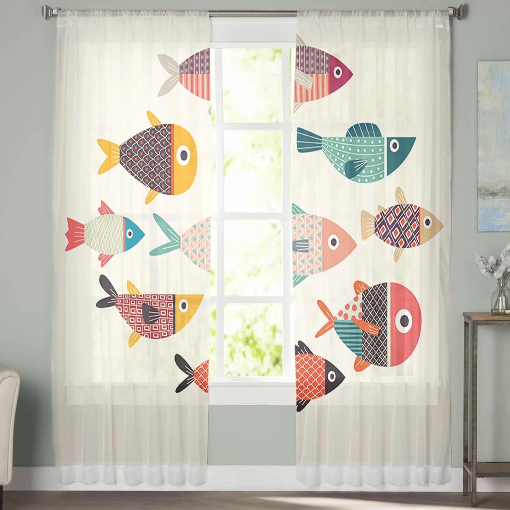 Cartoon Fish Tulle Sheer Window Curtains for Living Room Kitchen Children Bedroom Voile Hanging Curtain