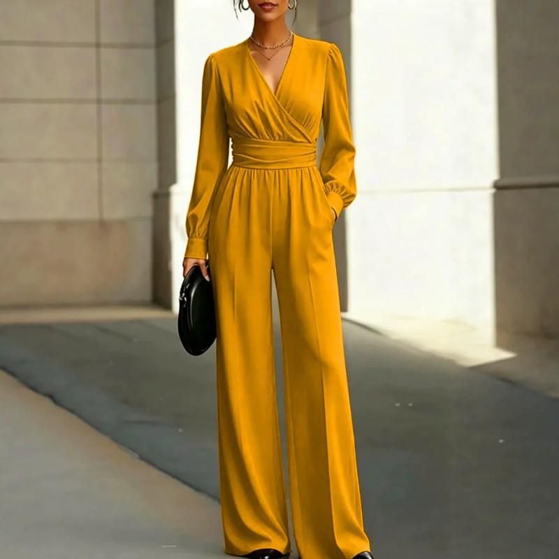 Damen V-Ausschnitt Einfarbig Langarm Gerades Bein Jumpsuit Schmale Passform Lässig Arbeitskleidung 2026 Herbst Winter